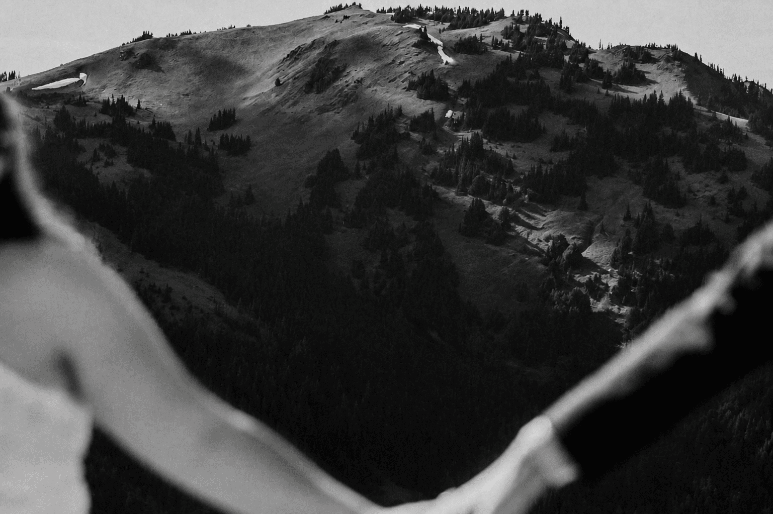 A couple holding hands in front of a mountain landscape
